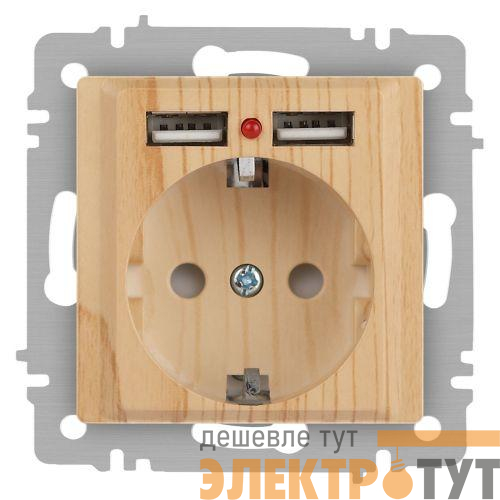 Розетка 1-м СП Accent 6-410-11 16А IP20 250В P+E Schuko + 2хUSB защ. шторки сосна Intro Б0063720