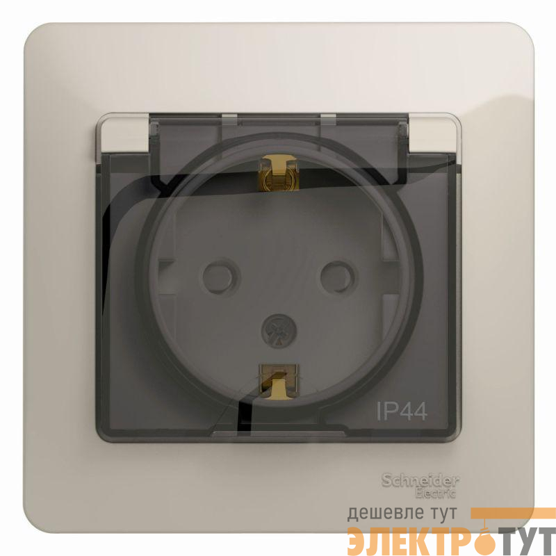 Розетка 1-м СП Glossa 16А IP44 250В с заземл. защ. шторки с крышкой в сборе молоч. SE GSL000948