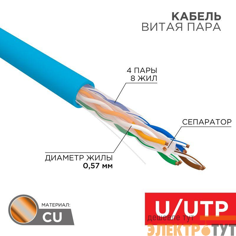 Кабель витая пара U/UTP кат.6 4х2х23AWG solid CU PVC син. (м) Rexant 01-0047