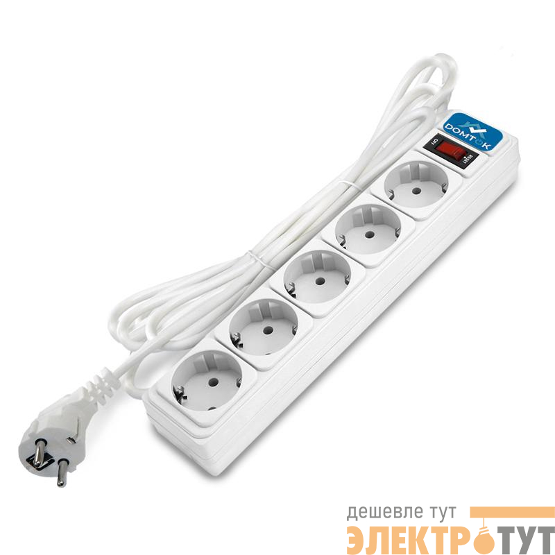 Удлинитель с сетевым фильтром 5х5м с заземл 10А IP20 2.2кВт ПВС 3х1 с выкл. бел. DOMTOK 2529