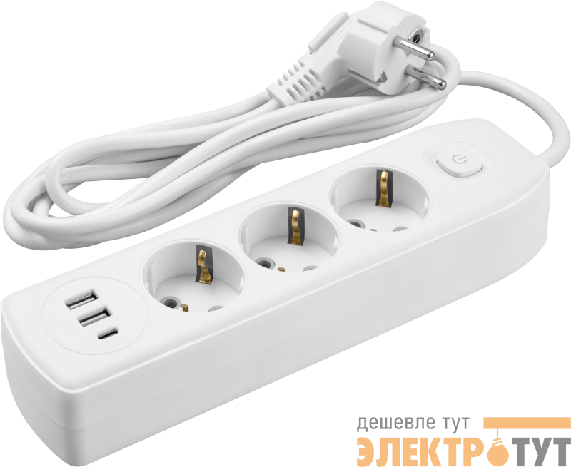 Удлинитель 3х1.8м с заземл. 10А IP20 90 838 OPE-USB-03-180-ESC-3x1 USB 2xType-A + Type-C с кнопкой ОНЛАЙТ 90838