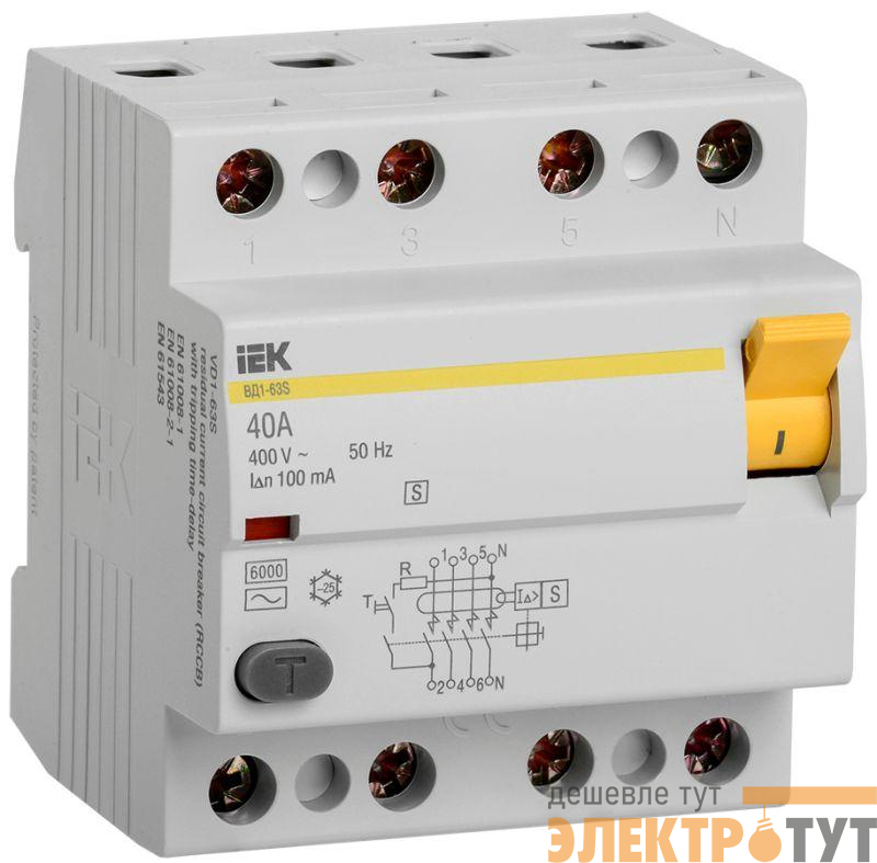 Выключатель дифференциального тока (УЗО) 4п 40А 100мА тип ACS ВД1-63 IEK MDV12-4-040-100