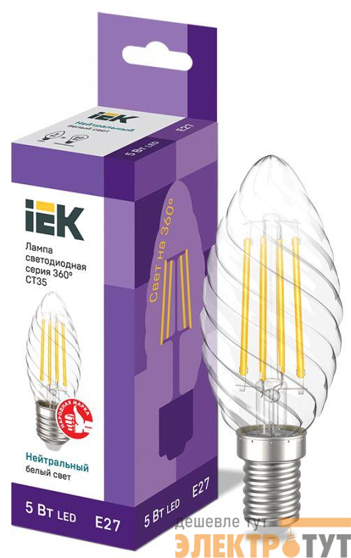 Лампа светодиодная филаментная 360° 5Вт CT35 свеча витая 4000К E27 230В IEK LLF-CT35-5-230-40-E27-CL