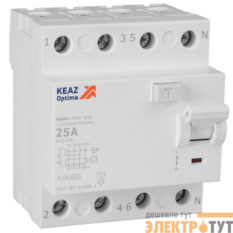 Выключатель дифференциального тока (УЗО) 4п 25А 30мА тип AC 4.5кА OptiDin DM63-4225 УХЛ4 КЭАЗ 343891