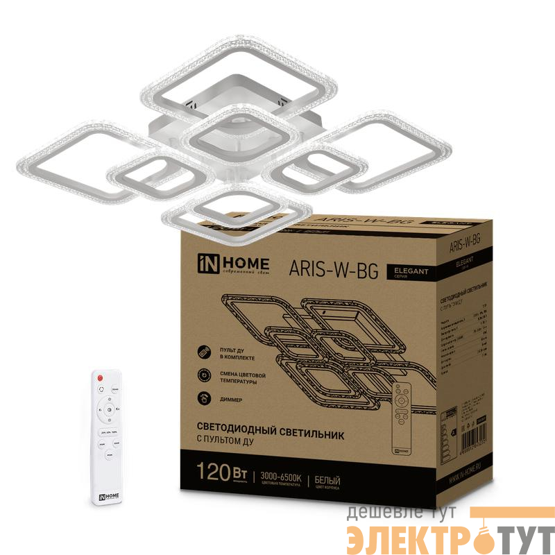 Светильник светодиодный ELEGANT ARIS-W-BG 120Вт 3000-6500К 10500лм 230В 600х600х110мм ПУ бел. IN HOME 4690612043272