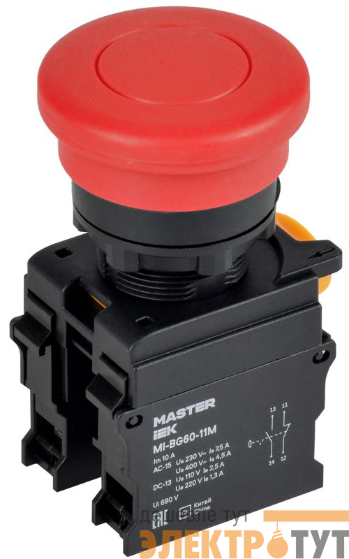 Кнопка "Грибок" d22мм 1НО+1НЗ MASTER без фиксации красн. IEK MI-BG60-11M-3-21-K04