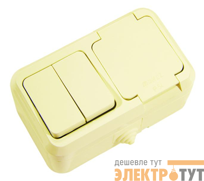 Блок выключатель 2-кл. + розетка с крышкой IP44 крем. Makel 18251