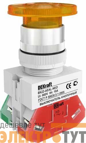 Выключатель кнопочный "Грибок" AELA ВК-22 d22мм 220В неон желт. DEKraft 25031DEK