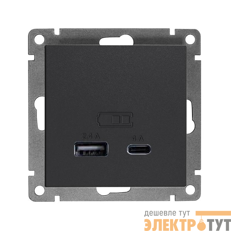 Розетка 2-м USB СП Афина тип А+С 5В 1х2.4А 2х4А механизм графит Universal А0059-Gr