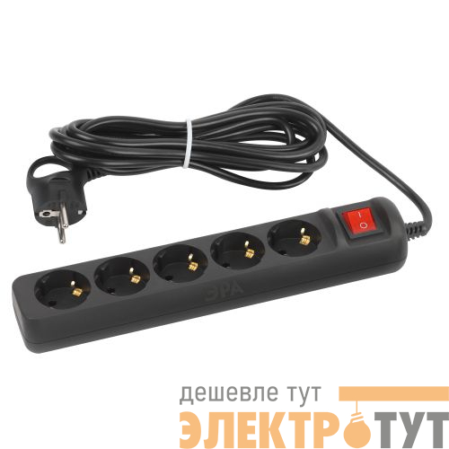 Удлинитель 5х5м с заземл. 10А с выкл. ПВС 3х0.75 черн. UX-5es-5m-B Эра Б0057732