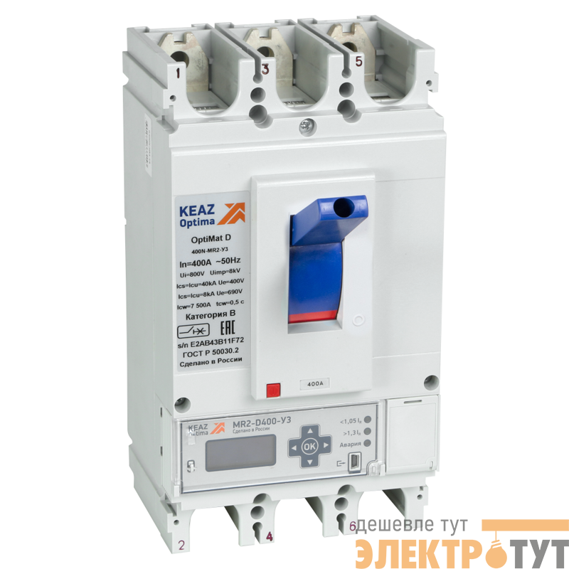 Выключатель автоматический 3п 630А диапазон уставок 252…630А 40кА OptiMat D630N MR1 У3 КЭАЗ 279890