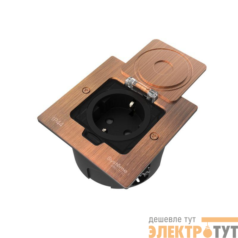 Лючок MultiDesk MDK21 с розеткой 2P+E 16А 250В IP44 с монтажной коробкой для стены фальшпола стола медь SE MDK21102CA