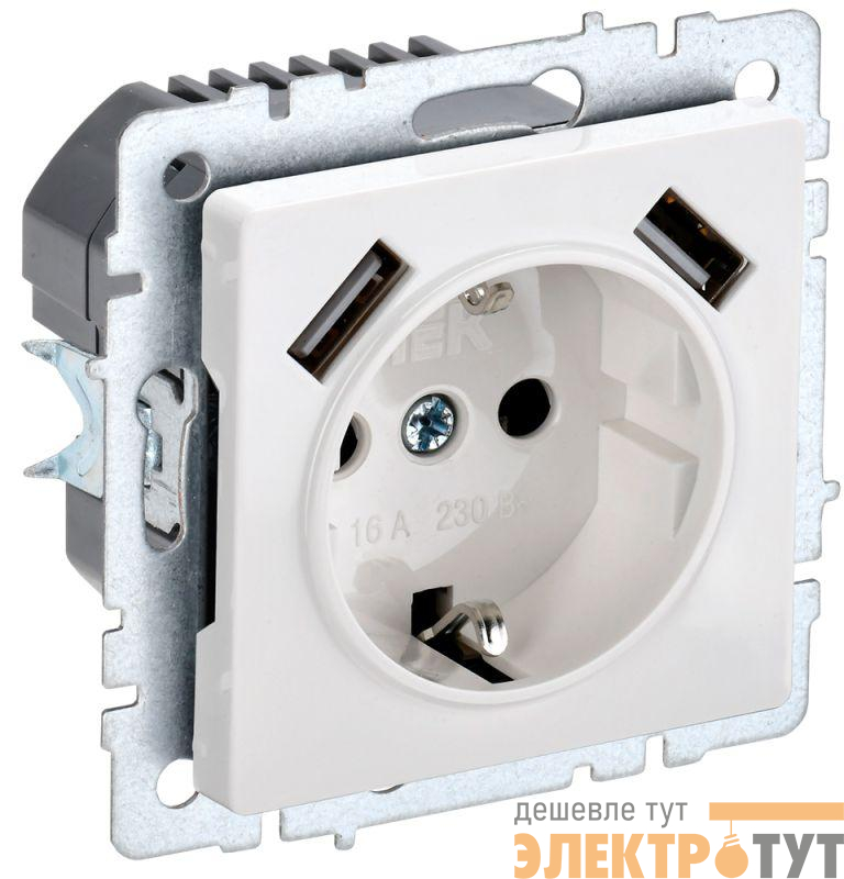 Розетка BRITE РЮш10-2-БрБ 16А с USB A+A 3.1А с заземл. защ. шторки механизм бел. IEK BR-R14-16-U21-D31-K01