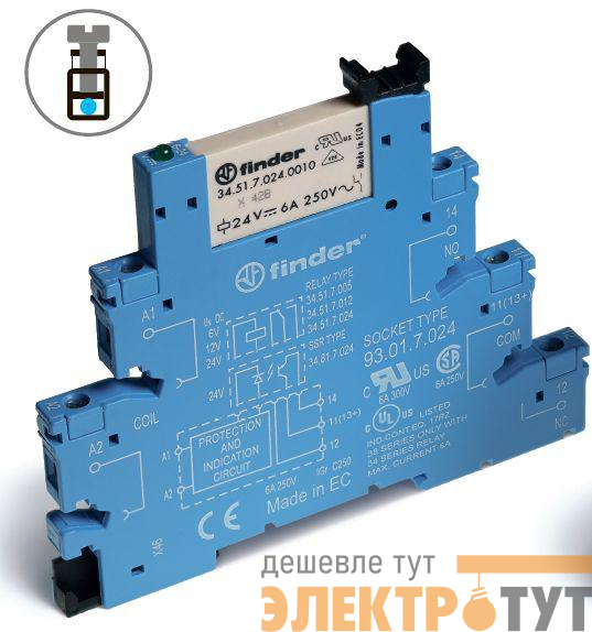 Реле электромеханическое интерфейсный модуль 1CO 6А AgNi 24В DC (чувствит.) IP20 винт. клеммы FINDER 385170240050