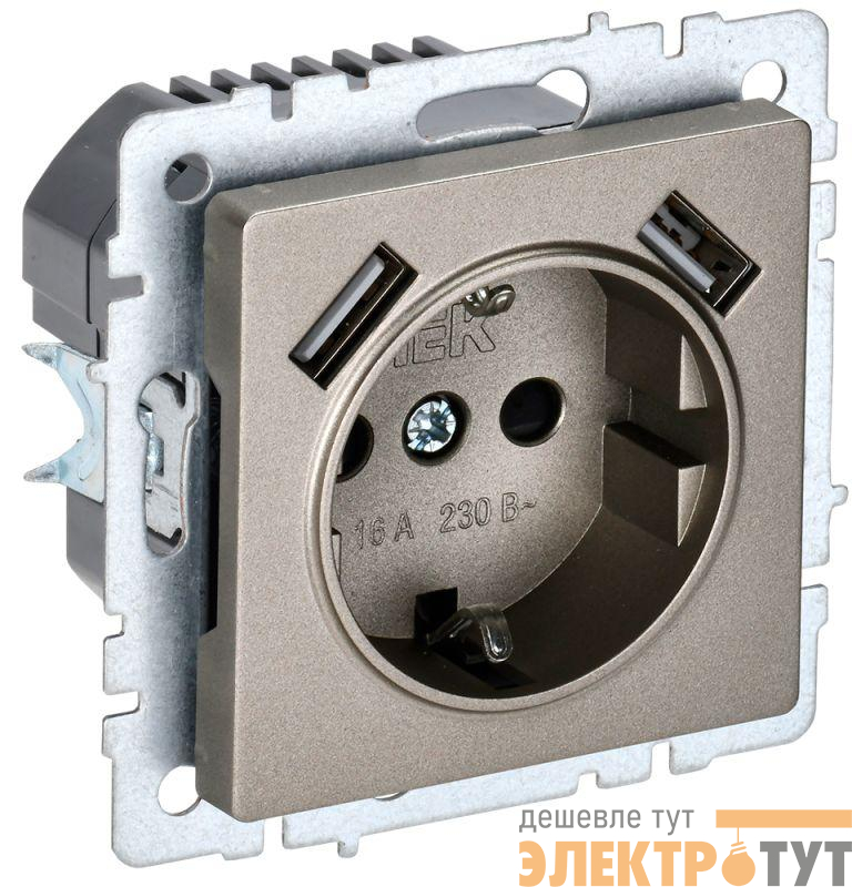 Розетка BRITE РЮш10-2-БрШ 16А с USB A+A 3.1А с заземл. защ. шторки механизм шампань IEK BR-R14-16-U21-D31-K37