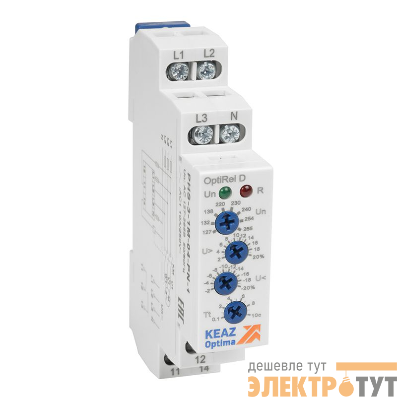 Реле контроля фаз OptiRel D PHS-3-1M-04-PN-2 повышенного/пониженного 3Ф+N 2СО КЭАЗ 331994