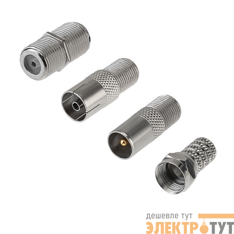 Набор антенный №10 кабель RG-6U 5м штекер F (4шт) бочка (1шт) переходник гнездо F - шт TV (2шт) переходник гнездо F - гнездо TV (1шт) Rexant 06-3089