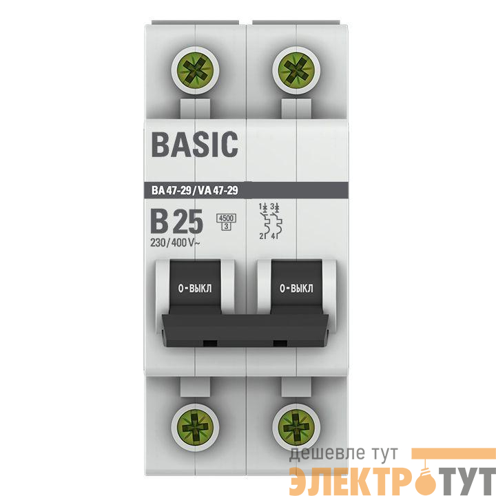 Выключатель автоматический модульный 2п B 25А 4.5кА ВА 47-29 Basic EKF mcb4729-2-25-B