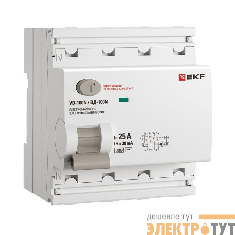 Выключатель дифференциального тока 4п 25А 30мА тип AC 6кА ВД-100N электромех. PROxima EKF E1046M2530