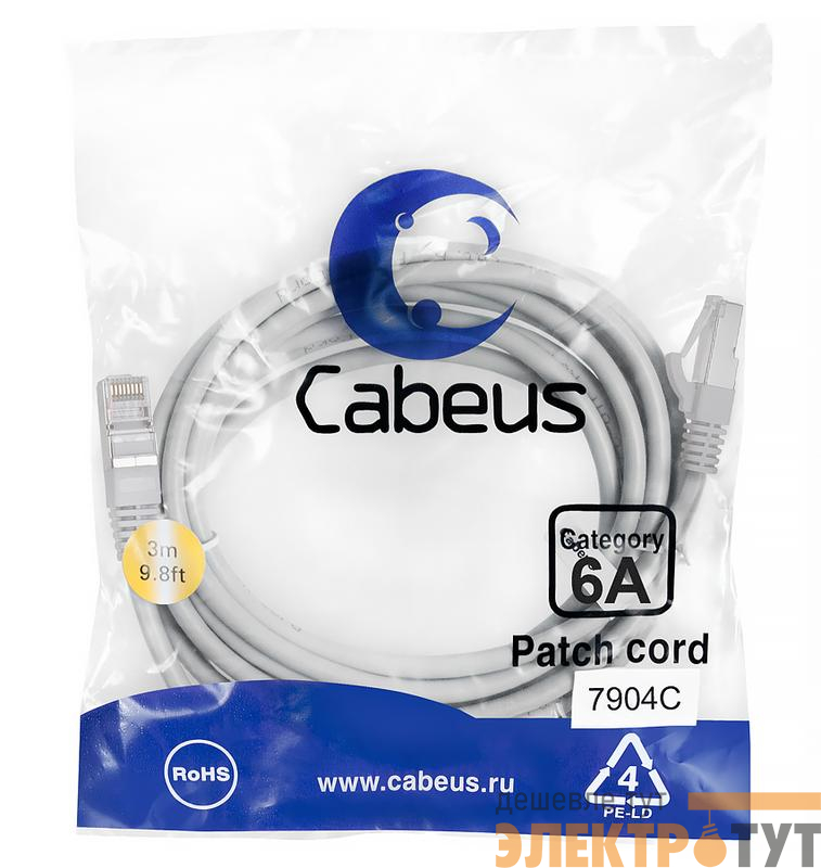 Патч-корд S/FTP кат.6A PC-SSTP-RJ45-Cat.6a-3m-LSZH 2xRJ45/8p8c экранир. LSZH (10G) 3м сер. Cabeus 7904c