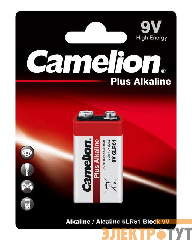 Элемент питания алкалиновый "крона" 6LR61 6LR61-BP1 (блист.1шт) Camelion 1655