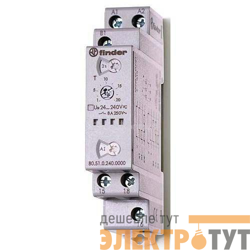 Таймер модульный мультифункциональный (AI DI SW BE CE DE) 24…240В AC/DC 1CO 8А 17.5мм регулировка времени 0.1с…24ч IP20 FINDER 805102400000