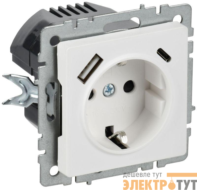 Розетка BRITE РЮш11-1-БрАБ 16А с USB A+C 18Вт с заземл. защ. шторки механизм арктич. бел. IEK BR-R14-16-U22-018-K91