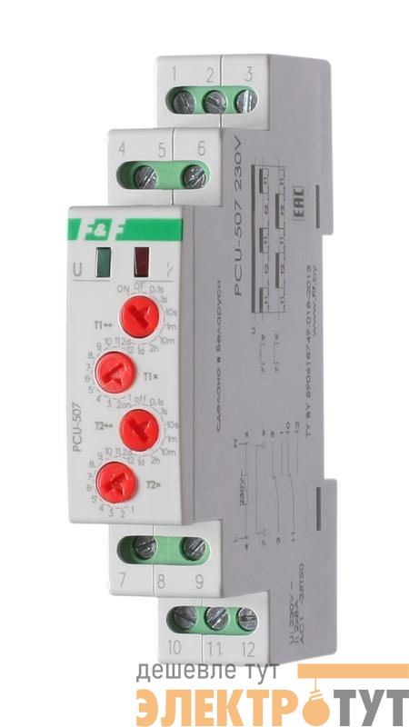 Реле времени PCU-507 2х8А 230В 2перекл. IP20 многофункц. 2 независимых времен. 1мод. монтаж на DIN-рейке F&F EA02.001.022