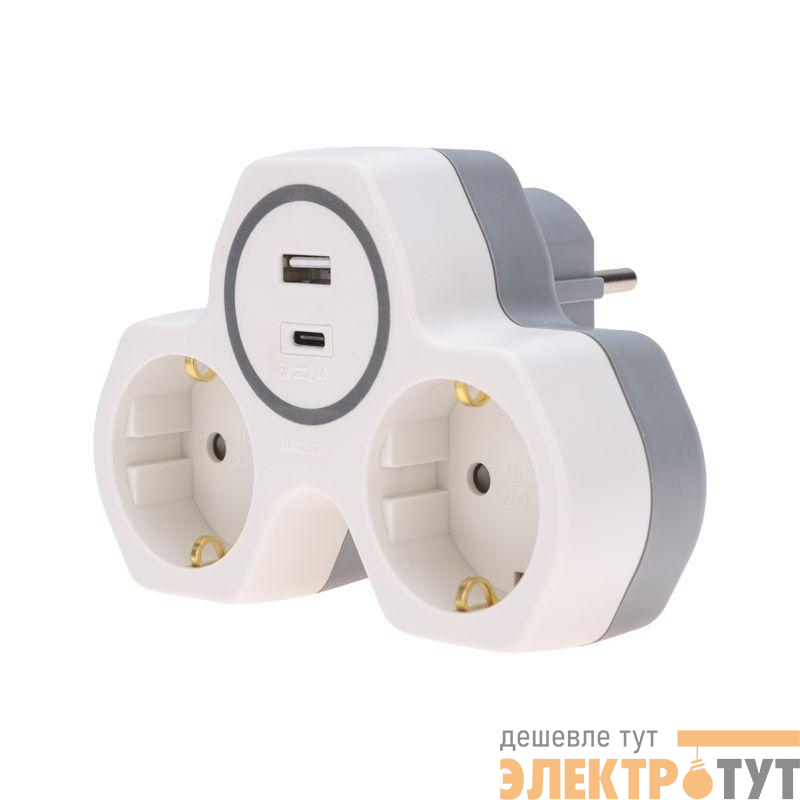 Разветвитель 2-м 16А + USB-A + USB-C с заземл. защ. шторки бел. Rexant 11-1253