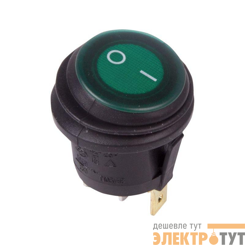 Выключатель клавишный круглый 250В 6А (3c) ON-OFF зел. с подсветкой ВЛАГОЗАЩИТА Rexant 36-2597