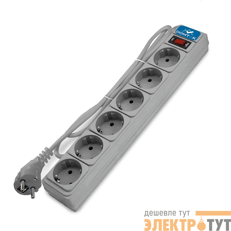 Удлинитель с сетевым фильтром 6х5м с заземл 10А IP20 2.2кВт ПВС 3х1 с выкл. сер. DOMTOK 2520