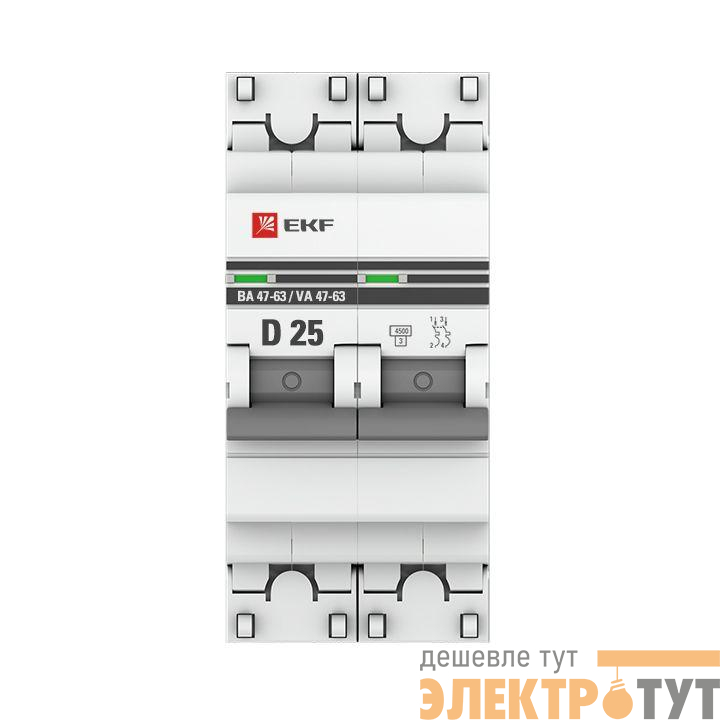 Выключатель автоматический модульный 2п D 25А 4.5кА ВА 47-63 PROxima EKF mcb4763-2-25D-pro