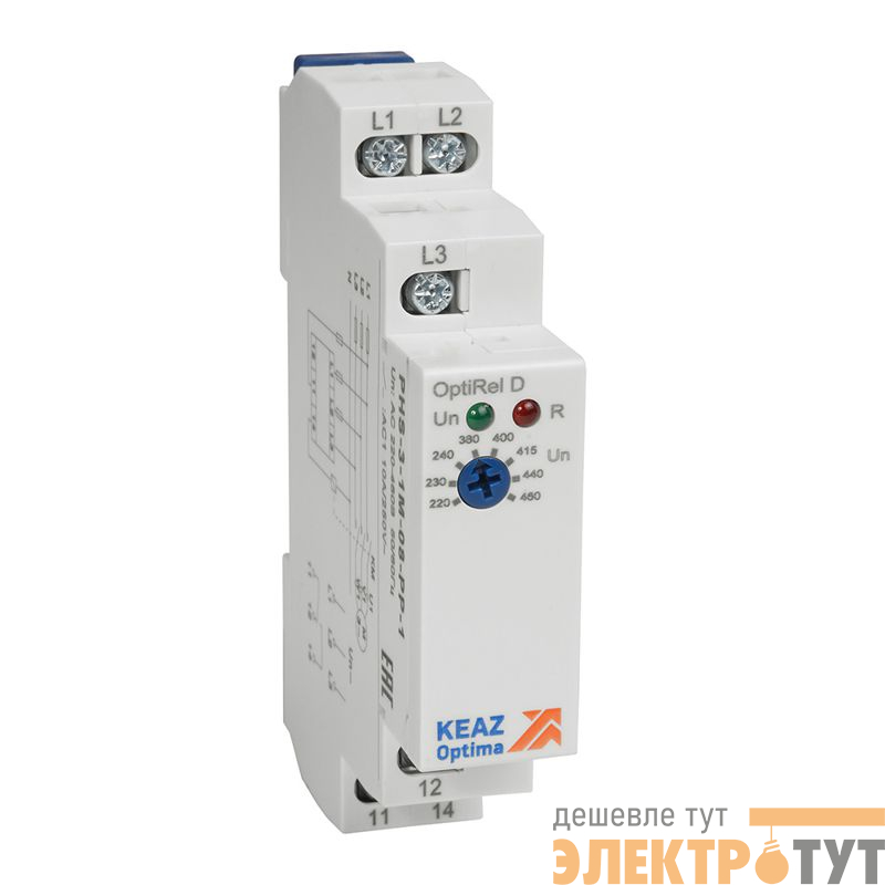 Реле контроля фаз OptiRel D PHS-3-1M-08-PP-2 без настр повышенного/пониженного асимметрии 3Ф 2СО КЭАЗ 332001