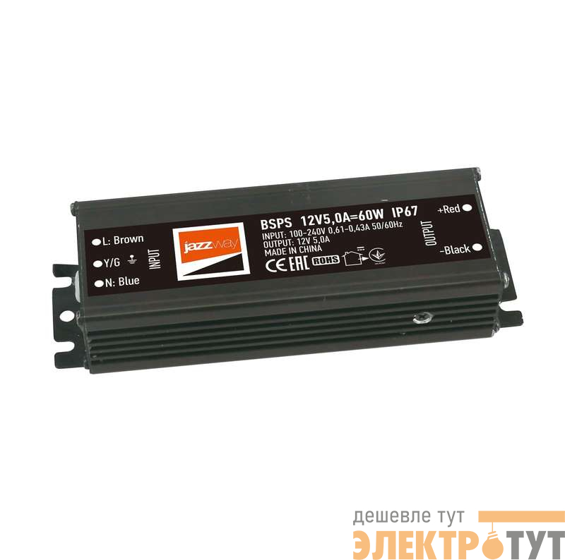 Блок питания для светодиодной ленты 60Вт 5А 12В IP67 BSPS влагозащ. метал. JazzWay 3329273A