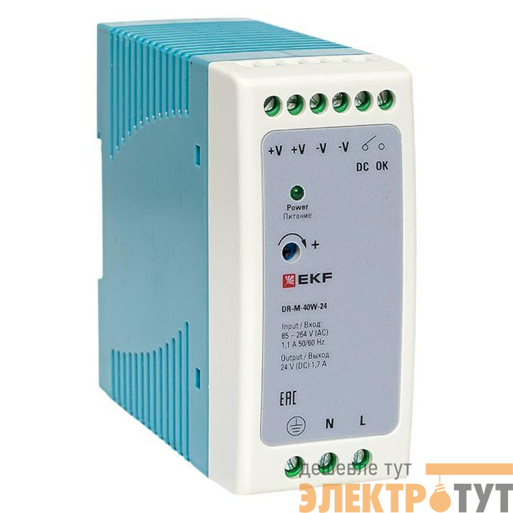 Блок питания на DIN-рейку 40Вт Uвх ~ 220В AC m Uвых - 24В DC постоянного тока EKF DR-M-40W-24
