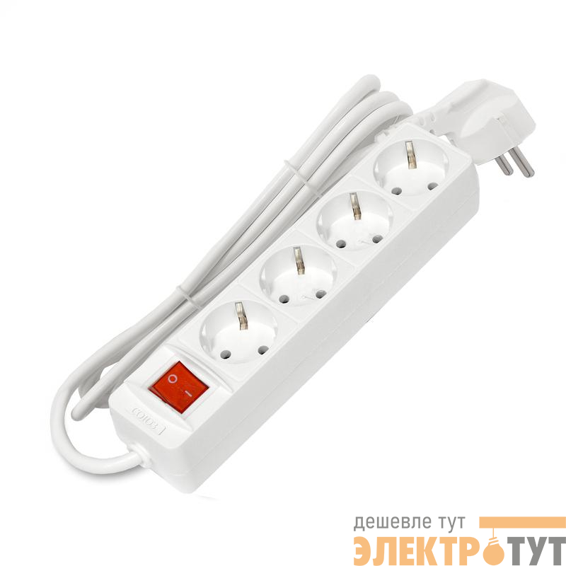 Удлинитель 4х1.5м с заземл. 10А IP20 2.2кВт ПВС 3х1 с выкл. бел. Союз 2789
