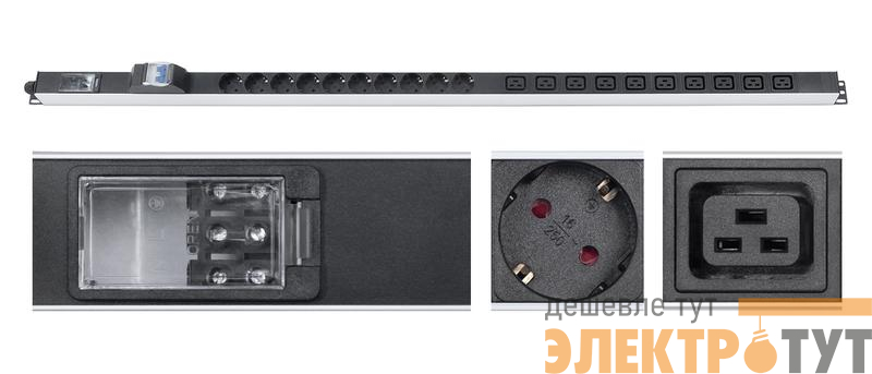 Блок розеток для 19дюйм шкафов PDU-16-10S-10C19-B-T вертик. 10 розеток Schuko 10 розеток IEC 320 C19 16А автомат защиты алюм. корпус клем. колодка Cabeus 9549c