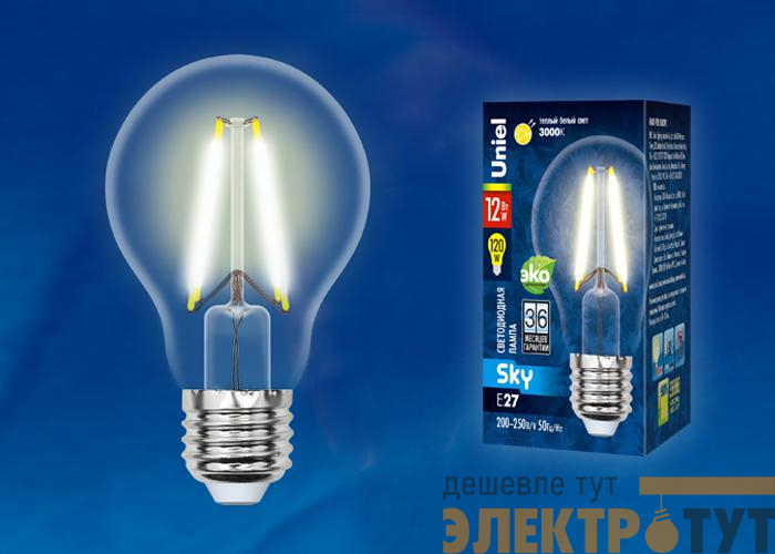 Лампа светодиодная LED-A60-12W/3000K/E27/CL PLS02WH Sky 12Вт A 3000К тепл. бел. прозр. картон Uniel UL-00004866