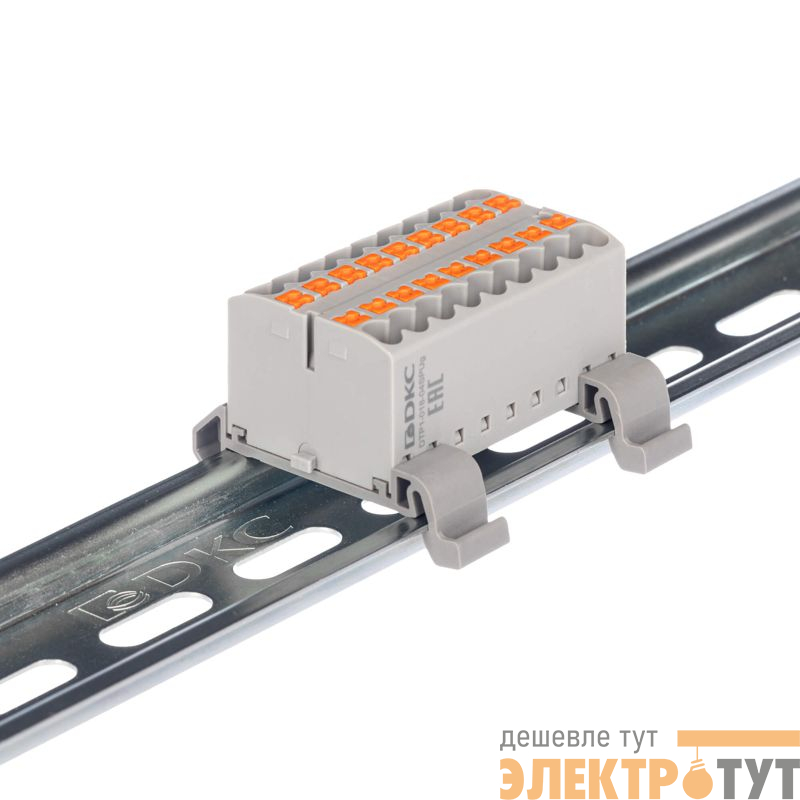 Блок распределительный с горизонт. адаптером на рейку шир. 35мм зажим push-in 18 точек подключения 2.5кв.мм сер. DKC DTP1-018-04SPUG-H