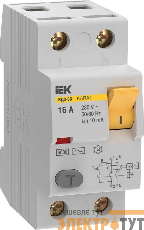 Выключатель дифференциального тока (УЗО) 2п 16А 10мА 6кА тип AC ВД3-63 KARAT IEK MDV20-2-016-010
