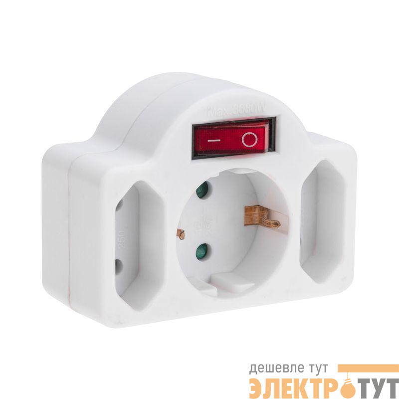 Разветвитель 3-м 16А + 2х2.5А с выключателем с заземл. защ. шторки бел. Rexant 11-1086