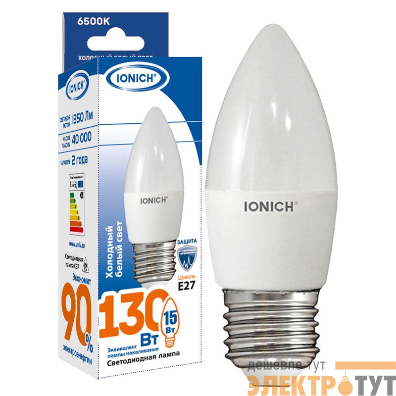 Лампа светодиодная C37 15Вт свеча 6500К E27 230В IONICH 1903