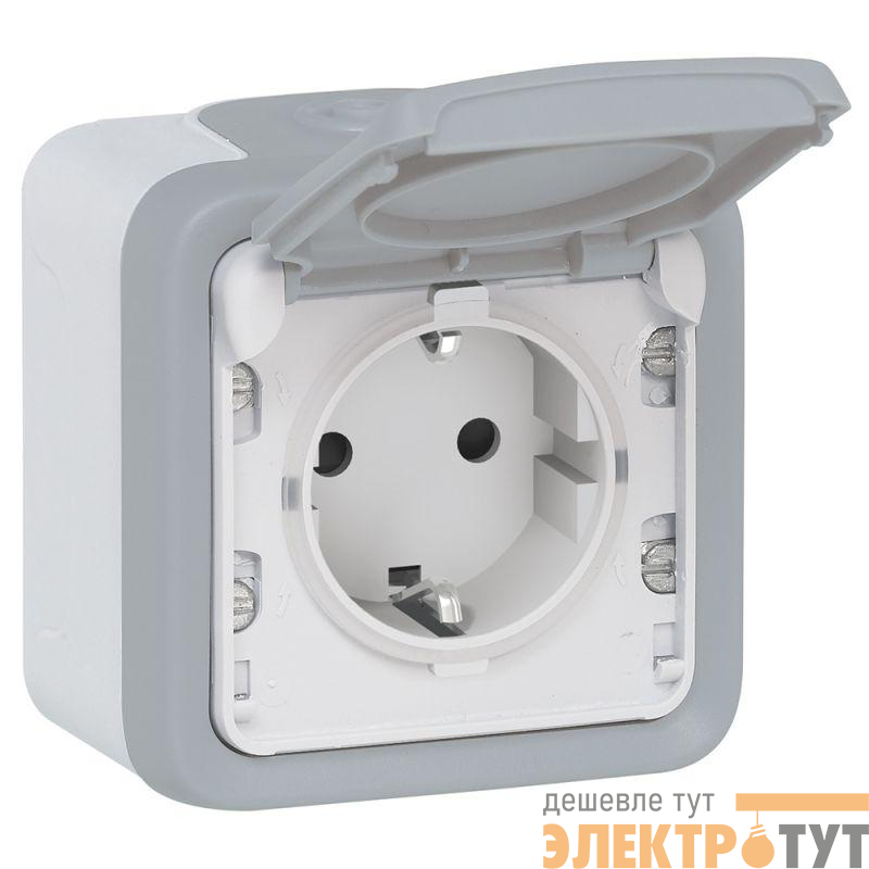 Розетка 1-м ОП Plexo 16А IP55 2P+E с крышкой немецк. стандарт винт. клеммы сер. Leg 069733