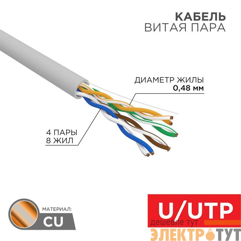Кабель витая пара U/UTP кат.5E 4х2х24AWG LSZH нг(А)-HF INDOOR SOLID сер. LIGHT (305м) Rexant 01-0059