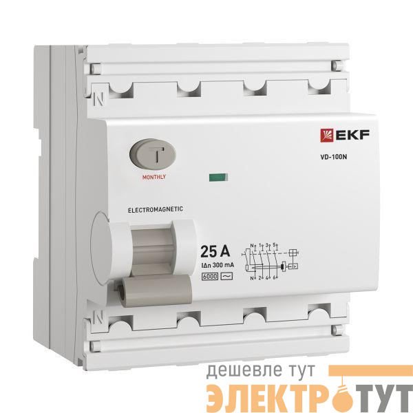 Выключатель дифференциального тока 4п 25А 300мА тип AC 6кА ВД-100N электромех. PROxima EKF E1046M25300