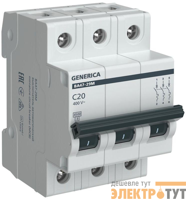 Выключатель автоматический модульный 3п C 20А 4.5кА ВА47-29М GENERICA MVA21-3-020-C-G