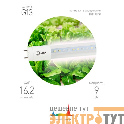 Лампа светодиодная FITO-9W-Ra90-Т8-G13-NL 9Вт T8 линейная 46LED 2835 IP20 35000ч для растений полноспектральная стекло Эра Б0042988