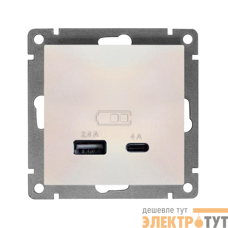 Розетка 2-м USB СП Афина тип А+С 5В 1х2.4А 2х4А механизм жемчуж. Universal А0059-OBr