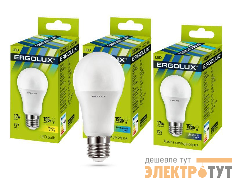 Лампа светодиодная LED-A60-17W-E27-6К ЛОН 17Вт грушевидная E27 6500К 172-265В Ergolux 13181