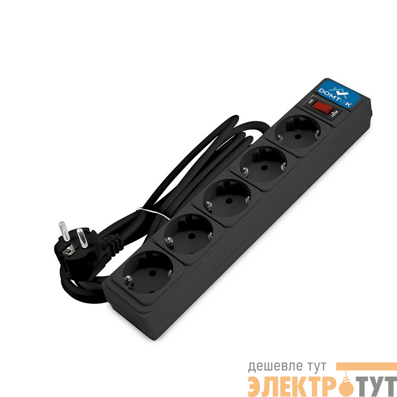 Удлинитель с сетевым фильтром 5х5м с заземл 10А IP20 2.2кВт ПВС 3х1 с выкл. черн. DOMTOK 2539